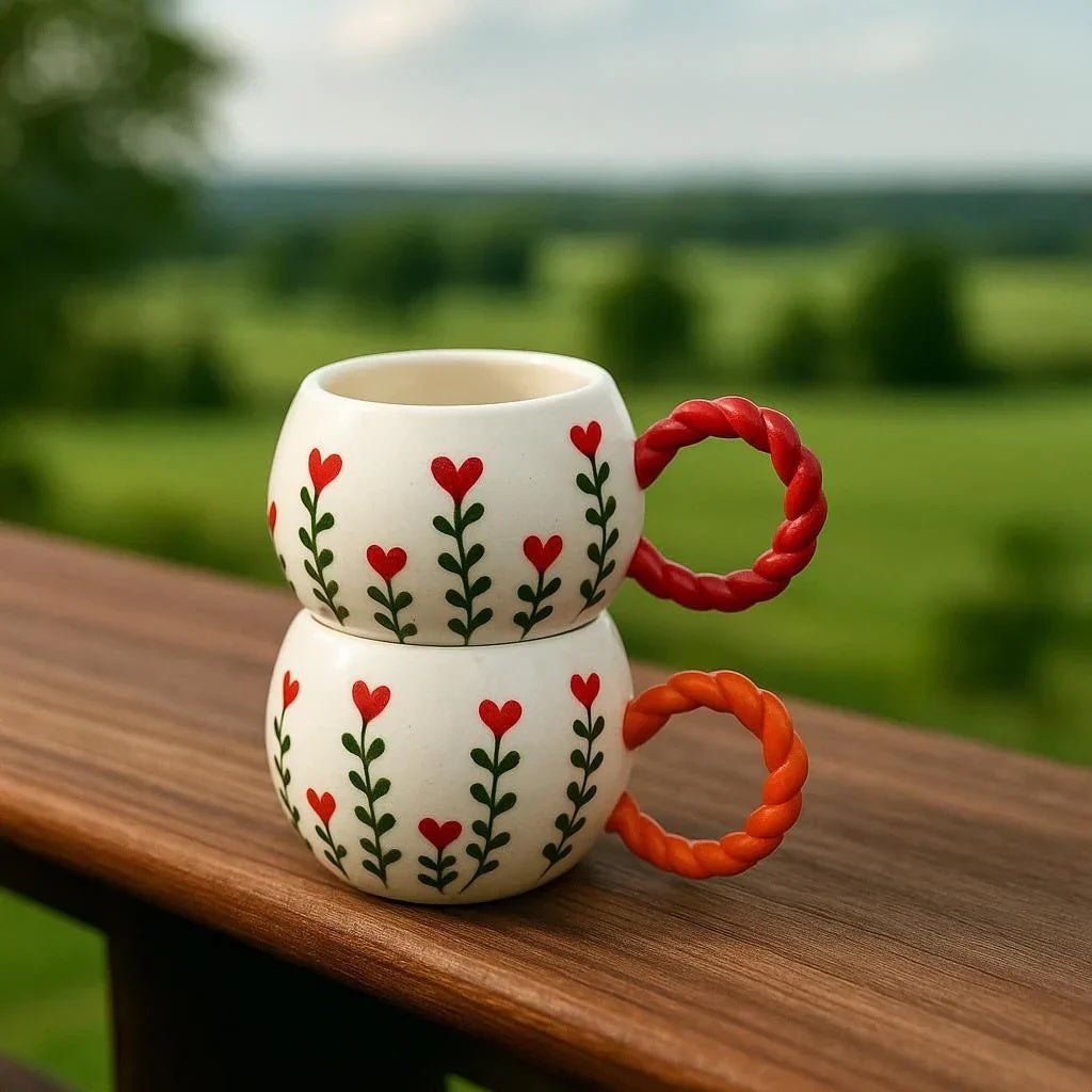 Handmade Floral Ceramic Mugs With Bubble Handle Set Of 2 - MMD NEXA